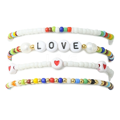 4Pcs 4 Styles Love Theme Glass Seed Beaded Stretch Bracelets Sets BJEW-TA00323-1