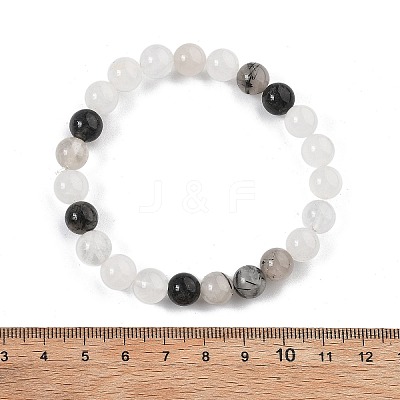 Natural Tourmalinated Quartz/Black Rutilated Quartz Stretch Beaded Bracelets G-A185-01J-1