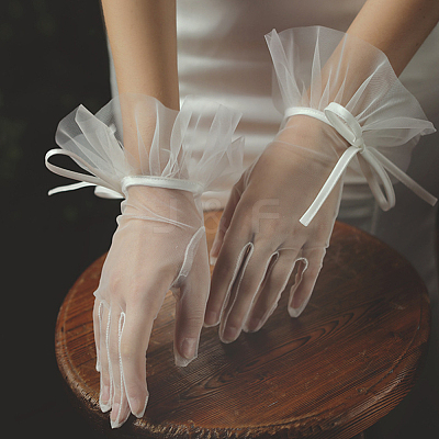 Satin Lace Bridal Short Gloves AJEW-WH0473-10-1