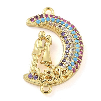 Rack Plating Brass Micro Pave Colorful Cubic Zirconia Moon with Couple Connector Charms KK-A234-083G-1