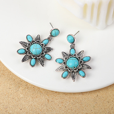 Flower Synthetic Turquoise with Alloy Pendant Necklaces & Stud Dangle Earrings Sets WG550B3-01-1