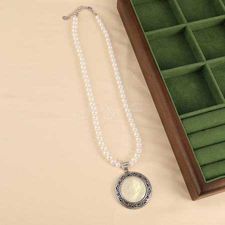 Flat Round Alloy Pave Natural Shell Pendant Necklaces for Women WG5797D-01-1