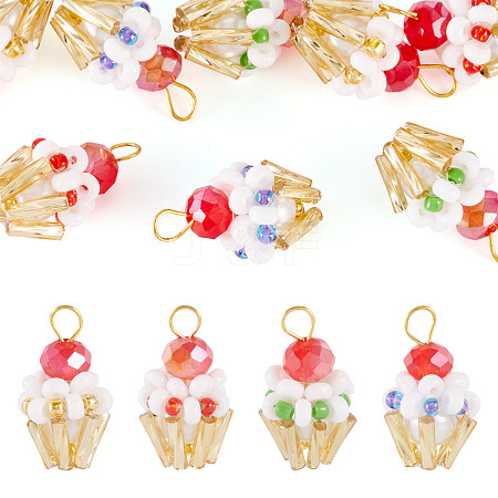 8Pcs 4 Colors Glass Seed Beaded Cupcake Pendants FIND-TA0009-15-1