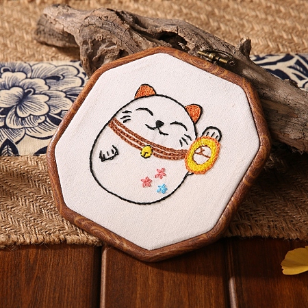 DIY Octagon with Lucky Cat Pattern Embroidery Kits PW-WGA3C88-02-1