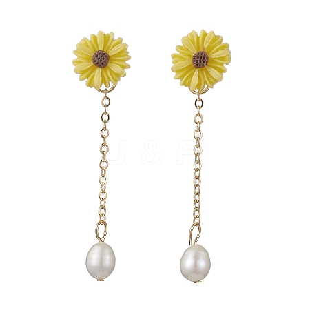 Natural Pearl & Resin Sunflower Dangle Stud Earrings EJEW-JE05692-02-1
