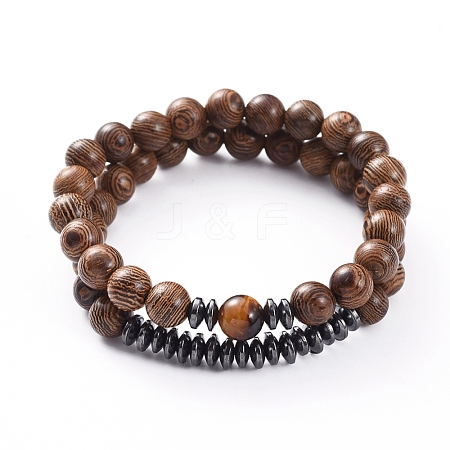  Jewelry Beads Findings Unisex Wood Beads Stretch Bracelet Sets, with Natural Tiger Eye Beads and Non-Magnetic Synthetic Hematite Beads, 56mm; 2pcs/set