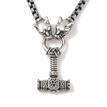 304 Stainless Steel Leopard Head King Box Chain Viking Mjolnir Thor Hammer Pendant Necklaces for Men NJEW-K278-14AS-1