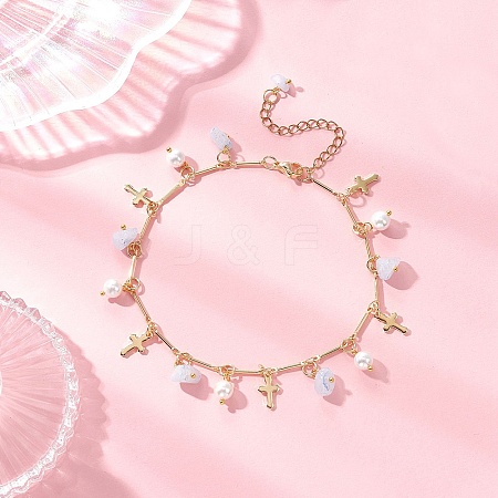 Natural Aquamarine Chip & Round Shell Pearl Cross Tassel Anklets AJEW-AN00716-01-1