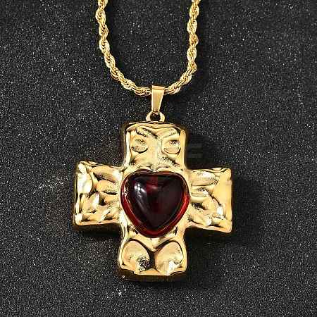 Cross with Heart 304 Stainless Steel Cubic Zirconia Pendant Necklaces NJEW-H070-01G-01-1