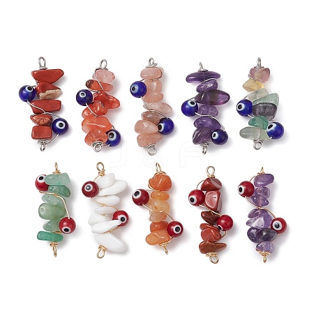 Natural Gemstone/Glass Chip Copper Wire Wrapped Handmake Lampwork Blue/Red Evil Eye Connector Charms PALLOY-JF02977-02-1