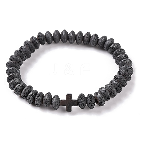 Cross Synthetic Non-magnetic Hematite & Rondelle Natural Lava Rock Beaded Stretch Bracelets for Women BJEW-Q345-01-1