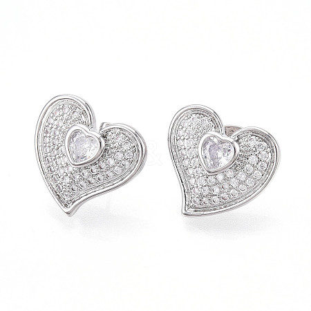 Heart Brass Pave Clear Cubic Zirconia Stud Earrings EJEW-M258-32P-1