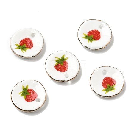 Strawberry Print Round Porcelain Pendants with Gold Trim PORC-P036-01A-1