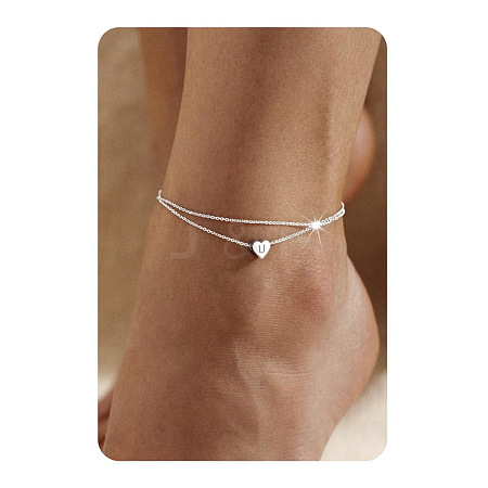 201 Stainless Steel Heart with Initial Charm Double Layer Anklets for Women FS-WG0EC0A-17-1