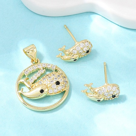 Brass Micro Pave Cubic Zirconia Pendant & Stud Earrings Sets for Women SJEW-F227-01E-G-1