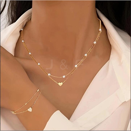Heart Alloy & Plastic Imitation Pearls Round Beaded Necklaces & Double Layer Bracelets Sets FS-WGC2DB5-01-1