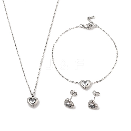 Heart 304 Stainless Steel Micro Pave Cubic Zirconia Pendant Necklaces & Bracelets & Stud Earrings Sets for Women SJEW-C004-13P-01-1