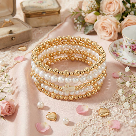 Imitation Pearl & Acrylic Round Beaded Stretch Bracelet Sets KE7812-1