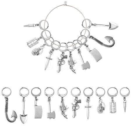 10Pcs 10 Style Killer's Weapon Theme Alloy Pendant Locking Stitch Markers HJEW-CJ00010-1