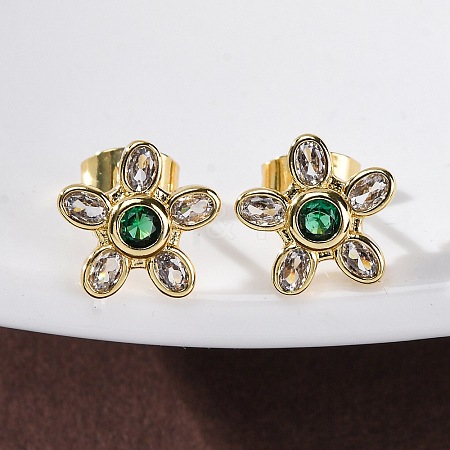 Flower Brass Micro Pave Cubic Zirconia Stud Earrings EJEW-Z087-01G-1