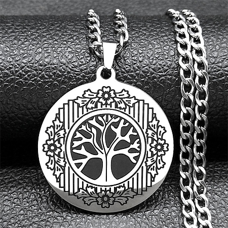 Titanium Steel Flat Round with Tree of Life Pendant Twisted Chain Necklace for Women PW-WG3FDD3-01-1