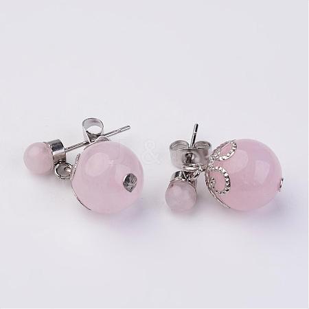 Dangling Natural Rose Quartz Ear Studs EJEW-JE02186-02-1