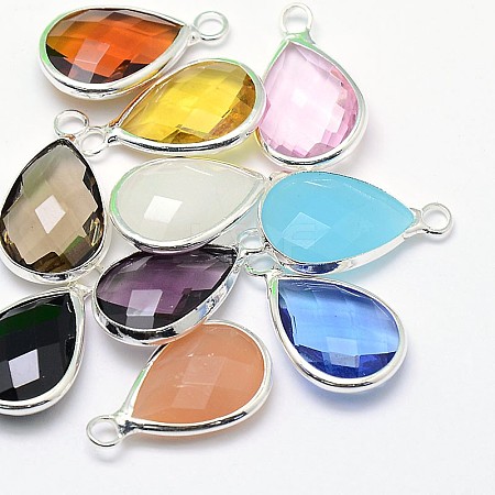 Silver Color Plated Brass Glass Teardrop Pendants GLAA-J017C-S-1