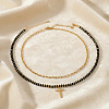 Stainless Steel Religion Cross Pendant Natural Gemstone Rondelle Beaded Double Layer Necklaces for Women PO2692-1-3