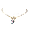 Printed Brass Oval Pendant Natural Cultured Freshwater Pearl Beaded Necklaces for Women NJEW-JN06384-4