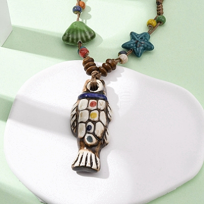 Ceramic Fish Pendant Adjustable Waxed Cord Necklaces for Women LS-NJEW-B146-05-1