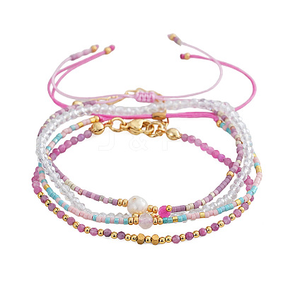 4Pcs 4 Styles Natural Gemstone Round Beaded Bracelets & Glass Seed Beads Adjustable Bracelets & Glass Round Beaded Charm Bracelets Set for Women EV4256-1-1