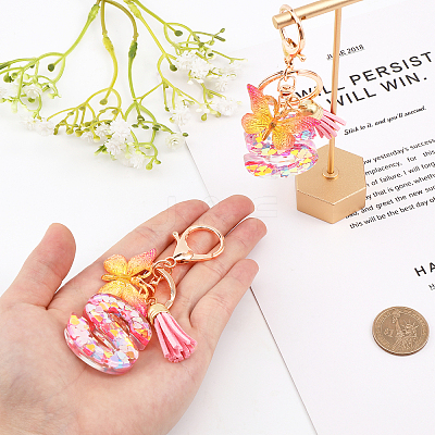 Fashion Alphabet Initial Letter Resin Keychain with Tassel Gradient Butterfly Pendant Key Ring KEYC-WH0027-105A-1