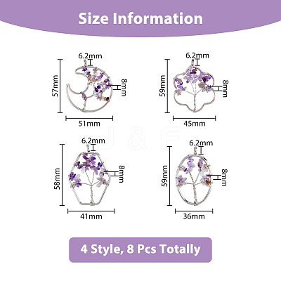 8Pcs 4 Styles Flower & Moon & Oval & Hexagon Natural Amethyst Copper Wire Wrapped Chip Big Pendants G-DC0001-26-1