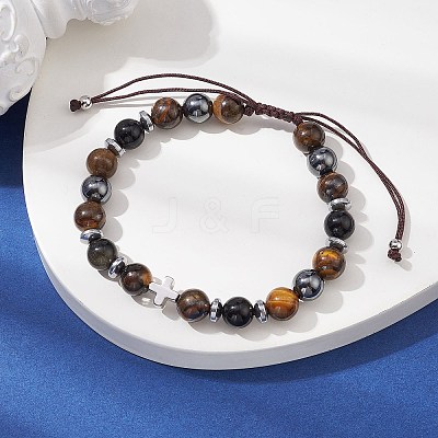 Natural Tiger Eye & Obsidian Round & Brass Cross Braided Bead Bracelets BJEW-JB09704-01-1