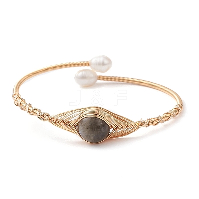 Natural Labradorite & Pearl Cuff Bangle BJEW-JB10119-03-1