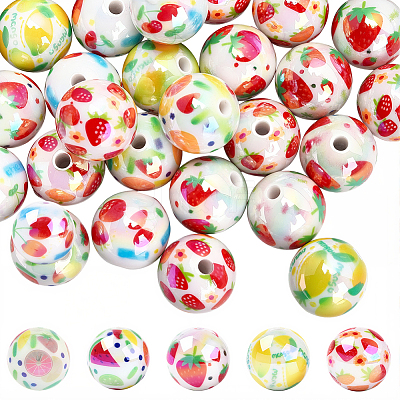 50Pcs 5 Styles Printed Opaque Acrylic Beads MACR-SC0002-38-1