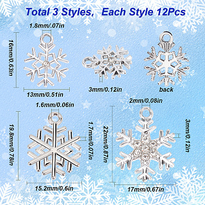 36Pcs 3 Style Alloy Pendants. Snowflake Charm FIND-SC0004-64-1