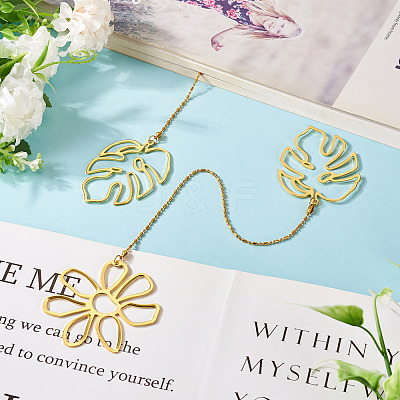 Brass Flower & Leaf Charms Bookmarks AJEW-TAC00029-1