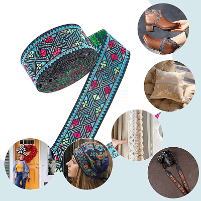 Ethnic Style Rhombus Pattern Polyester Ribbon OCOR-WH0047-50A-1