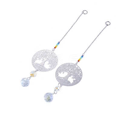 2Pcs 201 Stainless Steel Tree of Life Shape & Rainbow Crystal Glass Hanging Suncatcher HJEW-TA00446-1