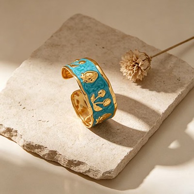 304 Stainless Steel Enamel Strawberry Embossed Open Cuff Bangles for Women WGDFBDC-02-1