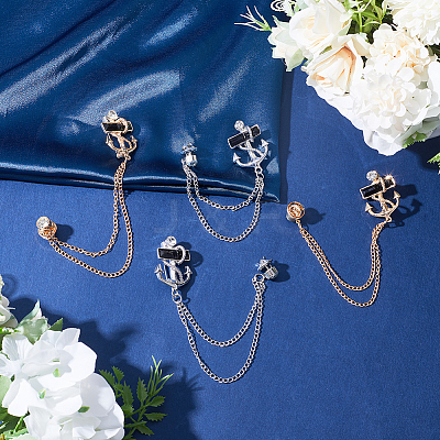 4Pcs 2 Color Jet Rhinestone Anchor Hanging Chain Brooches JEWB-GF0001-38-1