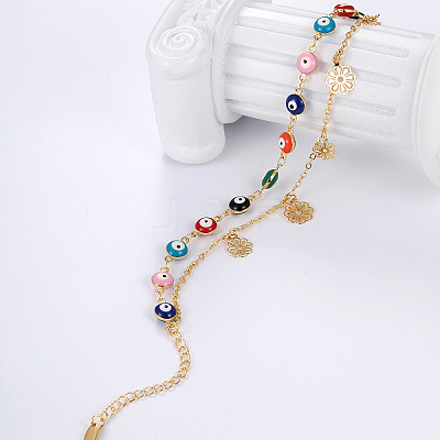 Bohemian Dyed Synthetic Turquoise Colorful Evil Eye Link Chain Brass Flower Tassel Double Layer Beach Anklets for Women CE2837-1