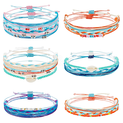 6 Sets 6 Style Natural Shell Braided Bead Bracelets Set BJEW-PH0004-18-1
