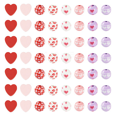 80Pcs 8 Styles Valentine's Day Printed Wood Beads WOOD-TA0003-01-1