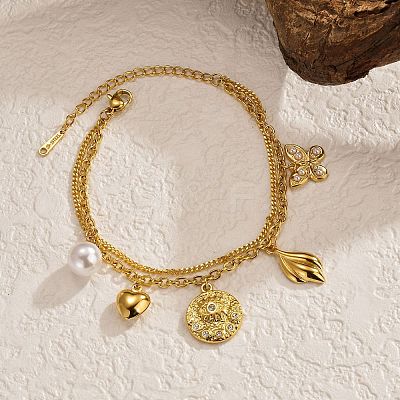 304 Stainless Steel Crystal Rhinestone and Imitation Pearl Butterfly Flower Charm 2-Strand Bracelets for Women WG73EE1-01-1