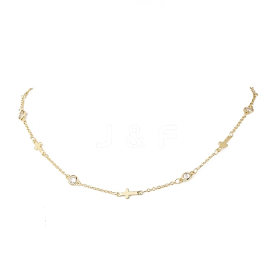 Brass Pave Clear Cubic Zirconia Flat Round Cross Link Chain Necklaces with 304 Stainless Steel End Chains NJEW-JN05335-1