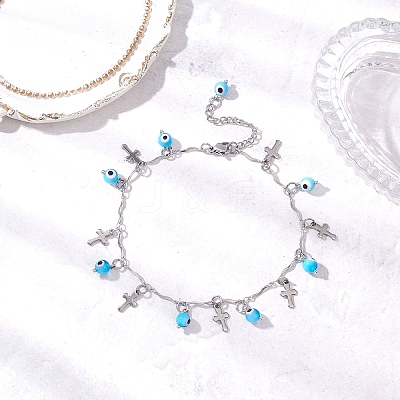 Handmade Evil Eye Lampwork & 304 Stainless Steel Cross Tassel Bar Link Chain Anklets for Women AJEW-AN00741-03-1