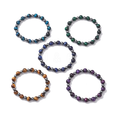 Round Natural Tiger Eye & Non-Magnetic Synthetic Hematite Beads Stretch Bracelets for Women BJEW-JB12764-1