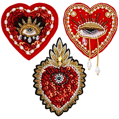 3Pcs 3 Styles Heart with Eye Polyester Sew on Patches DIY-GF0013-24-1
